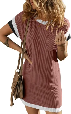 Acelitt Womens Casual Summer Color Block Crewneck Short Sleeve Tshirts Dress,S-XXL