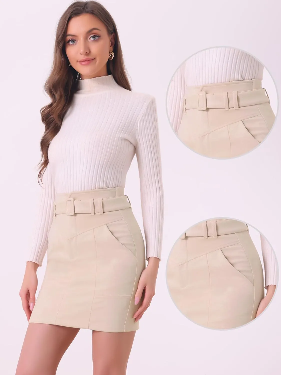 Allegra K Faux Suede Skirt for Women's High Waist Casual Belted Pencil Skirts