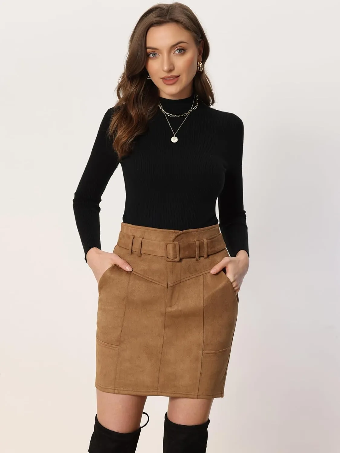Allegra K Faux Suede Skirt for Women's High Waist Casual Belted Pencil Skirts