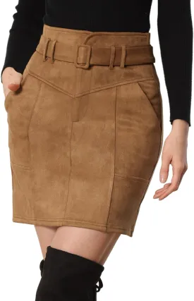 Allegra K Faux Suede Skirt for Women's High Waist Casual Belted Pencil Skirts