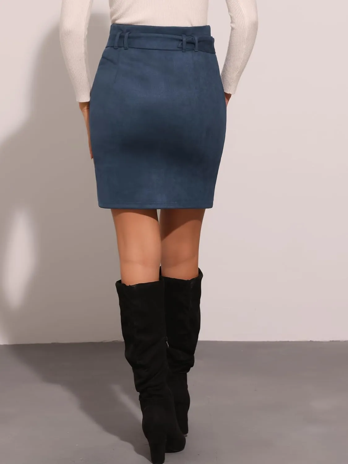 Allegra K Faux Suede Skirt for Women's High Waist Casual Belted Pencil Skirts