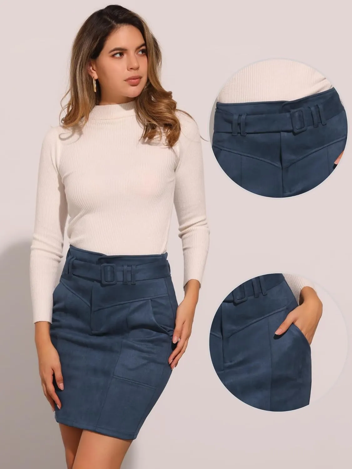 Allegra K Faux Suede Skirt for Women's High Waist Casual Belted Pencil Skirts