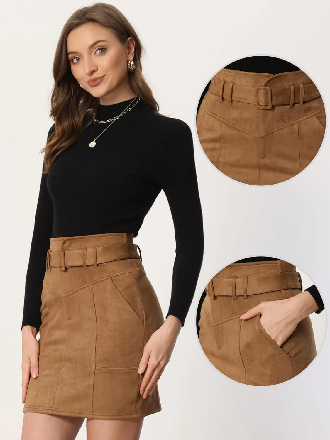 Allegra K Faux Suede Skirt for Women's High Waist Casual Belted Pencil Skirts