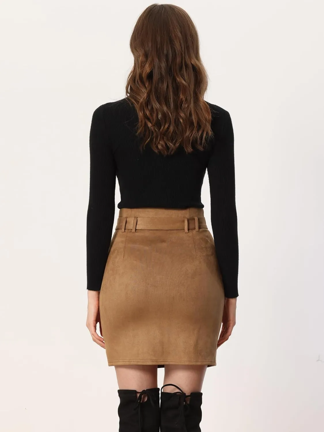 Allegra K Faux Suede Skirt for Women's High Waist Casual Belted Pencil Skirts
