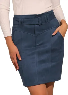 Allegra K Faux Suede Skirt for Women's High Waist Casual Belted Pencil Skirts