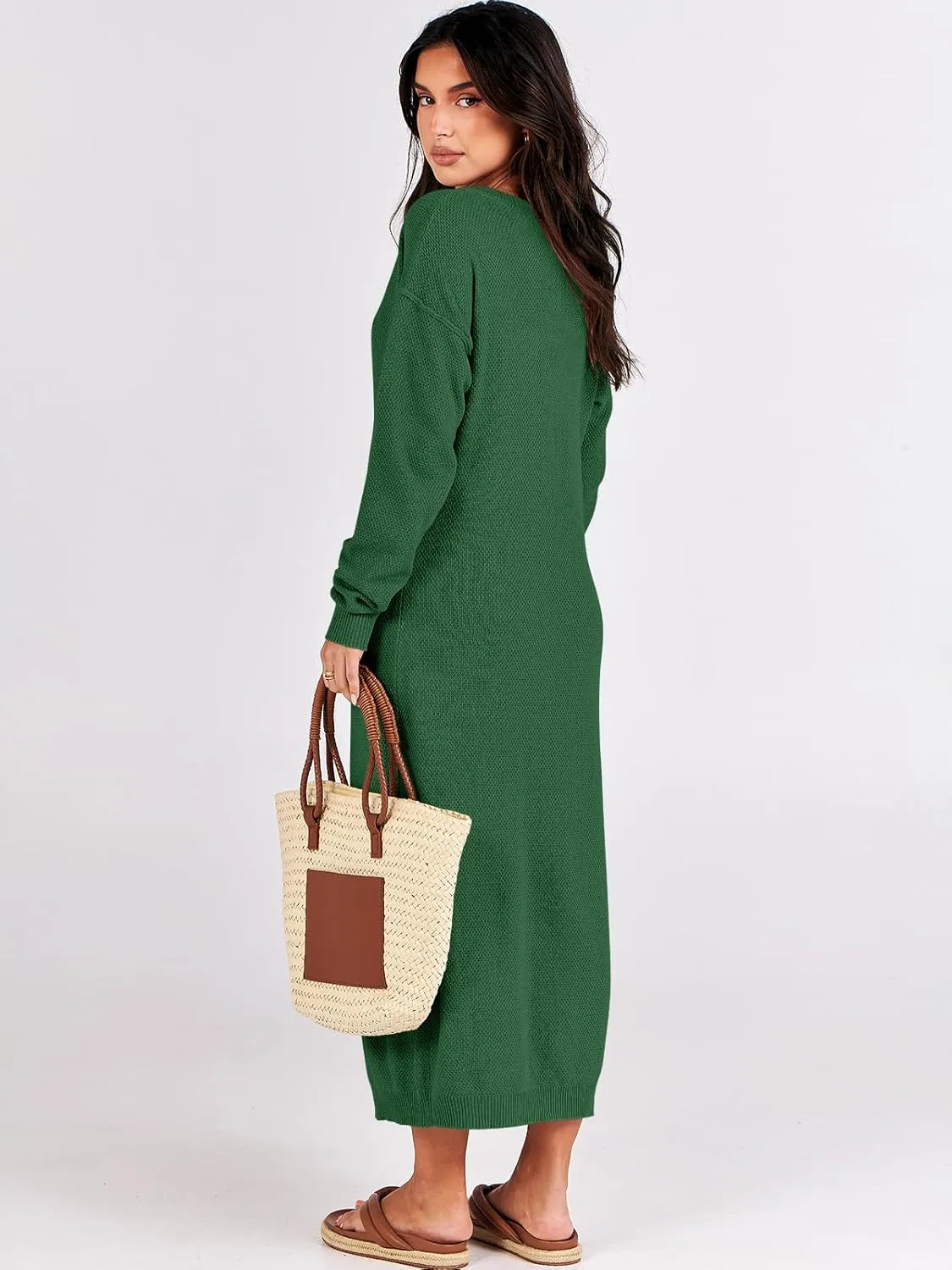 ANRABESS Women Long Sleeve Button V Neck Oversized Casual Loose Fit Waffle Knit Fall Midi Sweater Dress 2025 Trendy Outfits