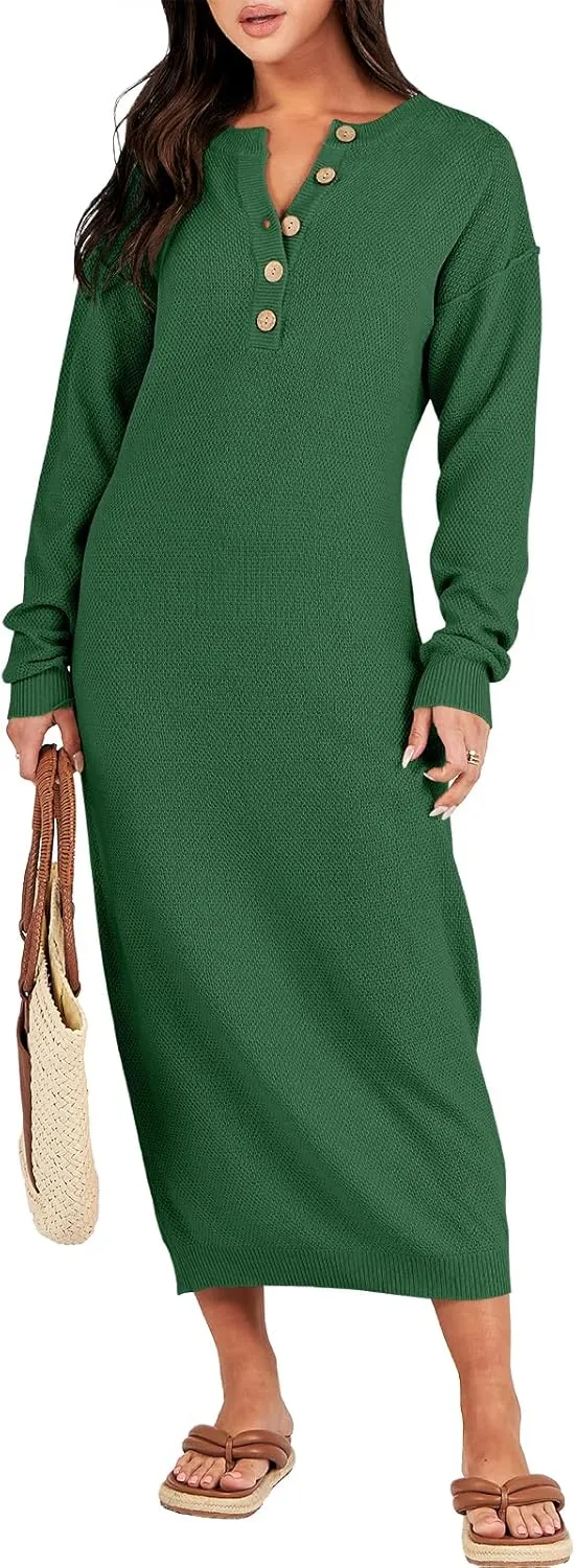 ANRABESS Women Long Sleeve Button V Neck Oversized Casual Loose Fit Waffle Knit Fall Midi Sweater Dress 2025 Trendy Outfits