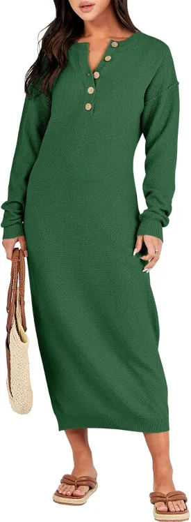 ANRABESS Women Long Sleeve Button V Neck Oversized Casual Loose Fit Waffle Knit Fall Midi Sweater Dress 2025 Trendy Outfits