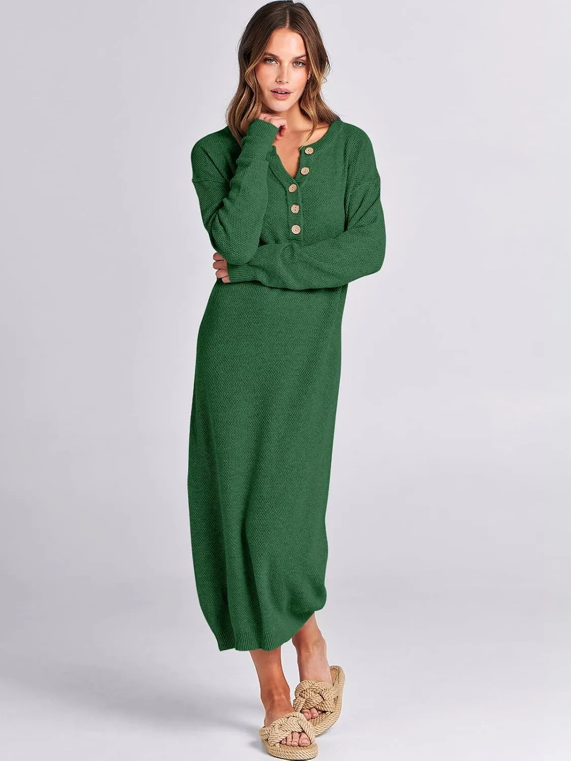 ANRABESS Women Long Sleeve Button V Neck Oversized Casual Loose Fit Waffle Knit Fall Midi Sweater Dress 2025 Trendy Outfits