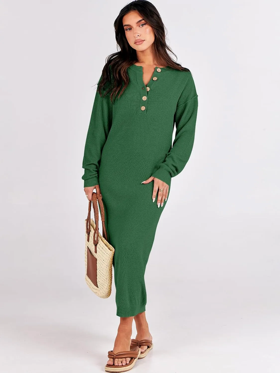 ANRABESS Women Long Sleeve Button V Neck Oversized Casual Loose Fit Waffle Knit Fall Midi Sweater Dress 2025 Trendy Outfits