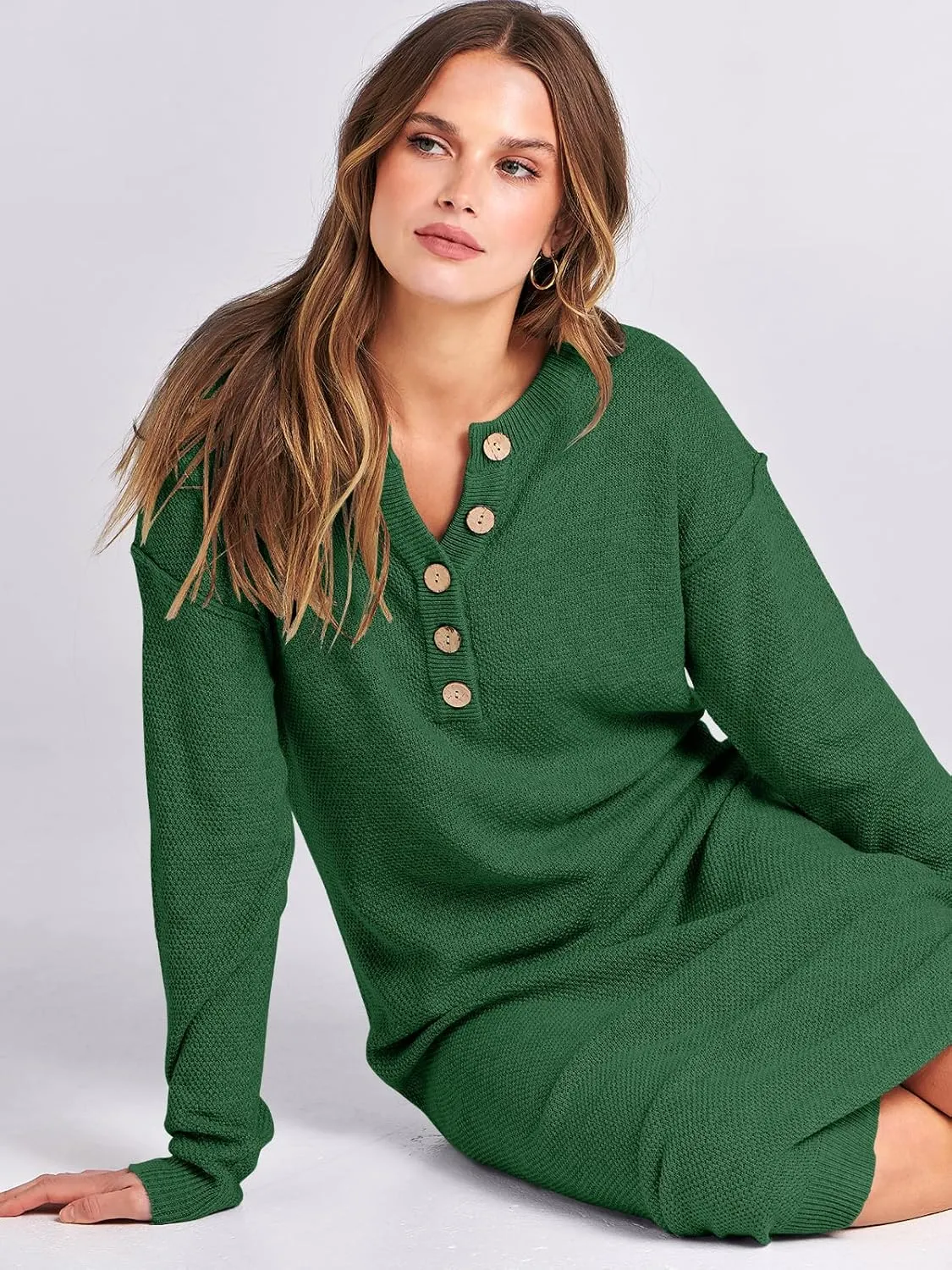 ANRABESS Women Long Sleeve Button V Neck Oversized Casual Loose Fit Waffle Knit Fall Midi Sweater Dress 2025 Trendy Outfits