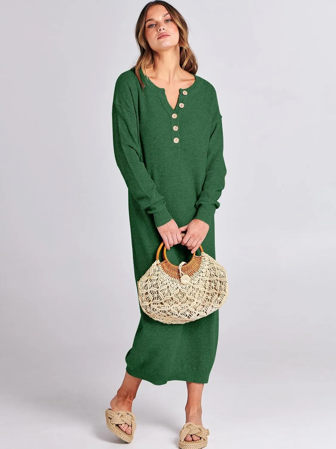 ANRABESS Women Long Sleeve Button V Neck Oversized Casual Loose Fit Waffle Knit Fall Midi Sweater Dress 2025 Trendy Outfits