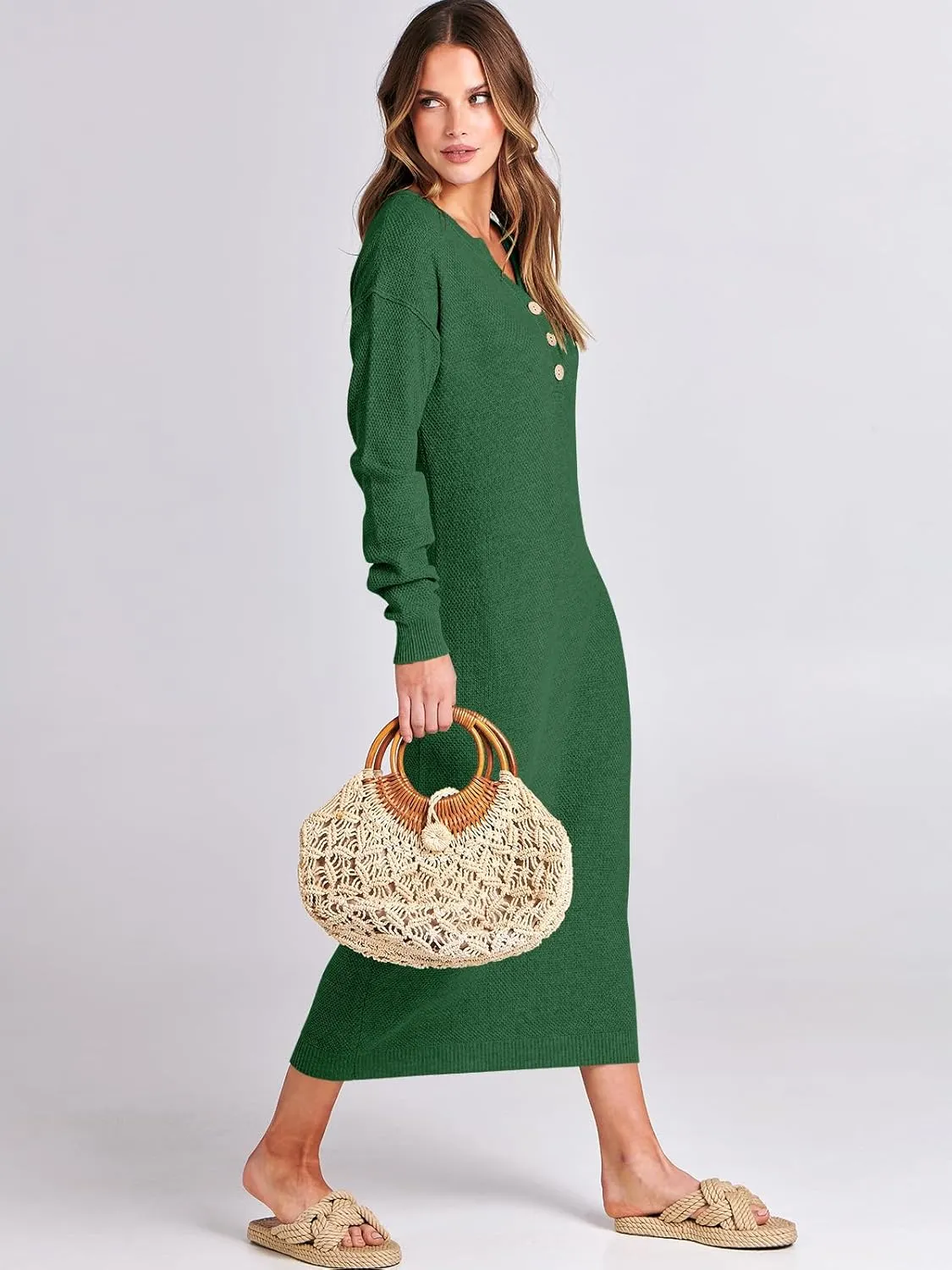 ANRABESS Women Long Sleeve Button V Neck Oversized Casual Loose Fit Waffle Knit Fall Midi Sweater Dress 2025 Trendy Outfits