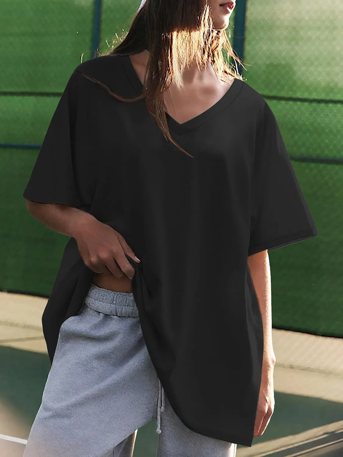 ATHMILE Womens Summer Oversized Shirts V Neck Business Casual Workout Tops Beach Vacation 2025 Gym Clothes