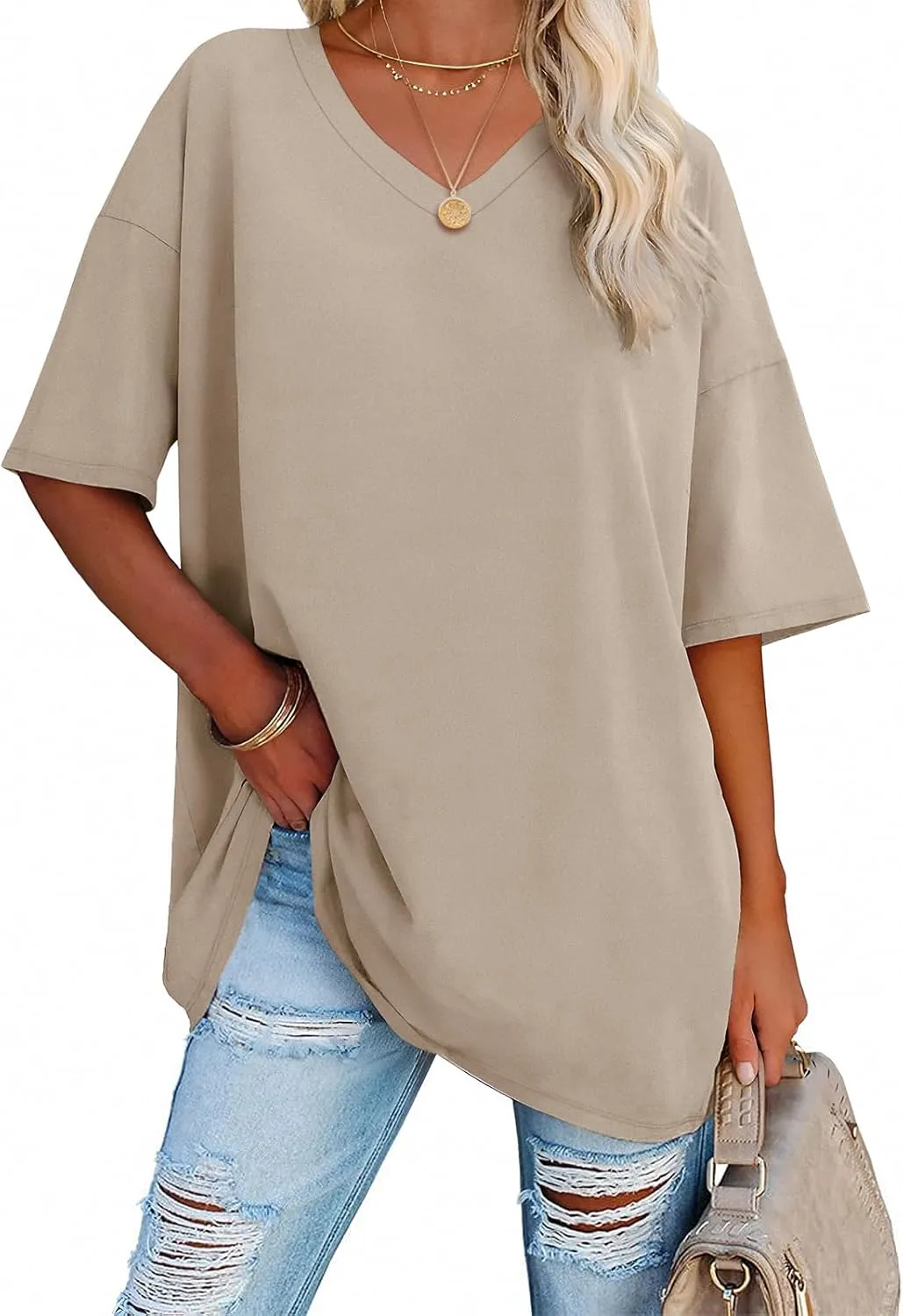 ATHMILE Womens Summer Oversized Shirts V Neck Business Casual Workout Tops Beach Vacation 2025 Gym Clothes