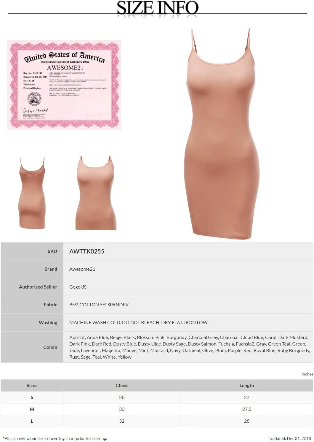 Awesome21 Women's Basic Solid Adjustable Spaghetti Strap Cami Slip Dress