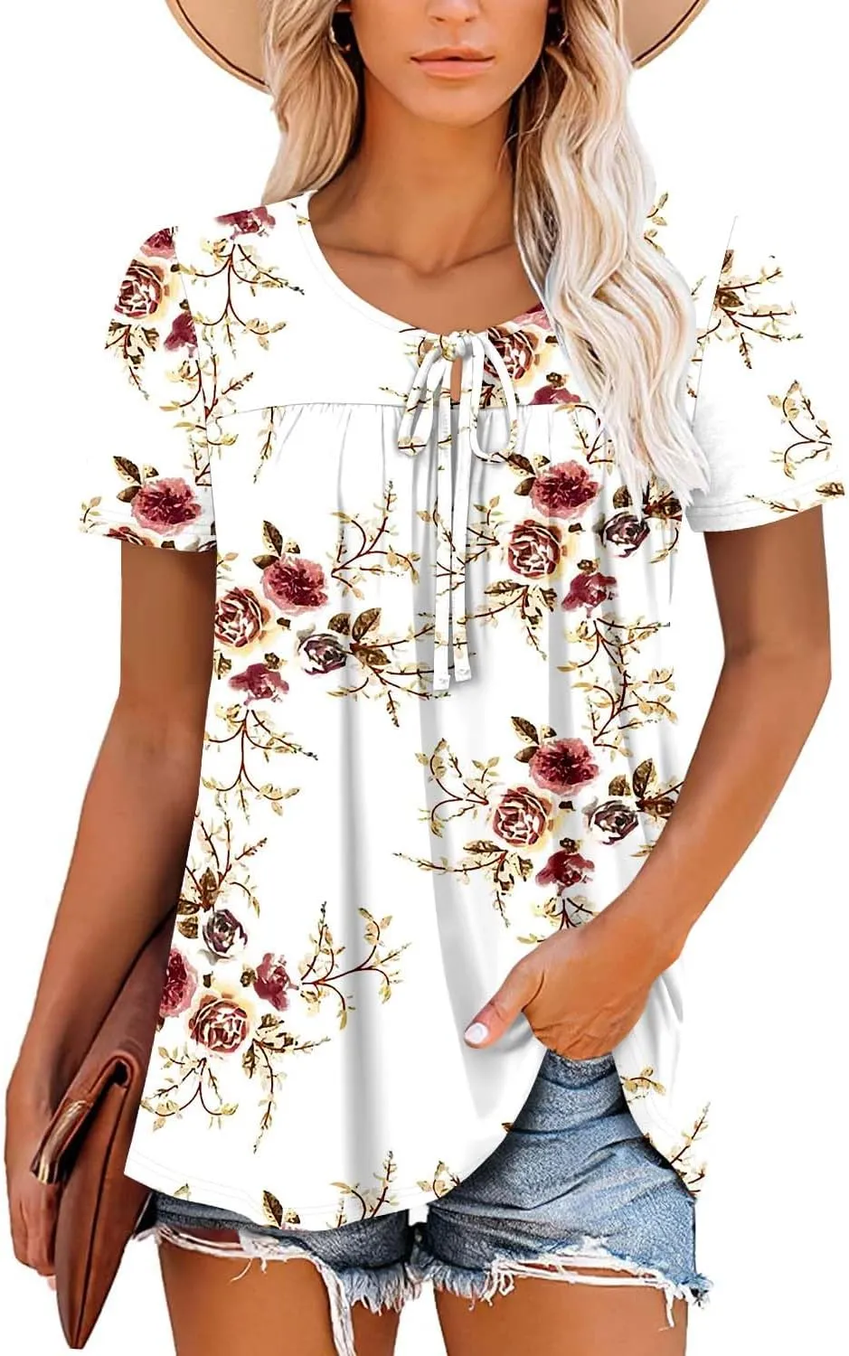 BETTE BOUTIK Womens Summer Tops Pleated Corded Short Sleeve Tunic Shirts Crewneck Blouses Tops S-3XL