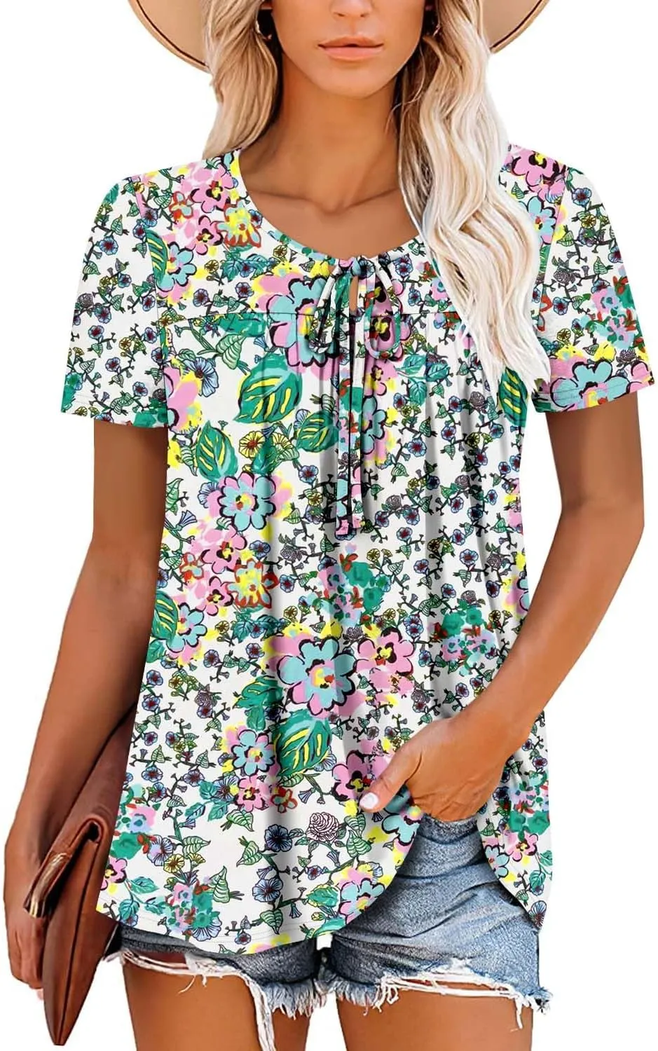 BETTE BOUTIK Womens Summer Tops Pleated Corded Short Sleeve Tunic Shirts Crewneck Blouses Tops S-3XL