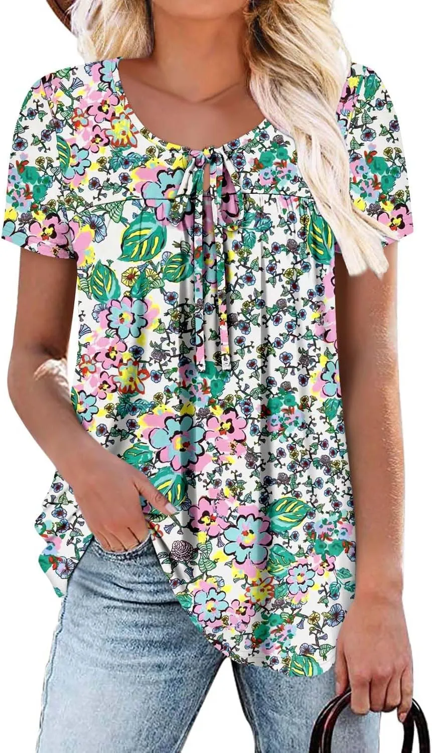 BETTE BOUTIK Womens Summer Tops Pleated Corded Short Sleeve Tunic Shirts Crewneck Blouses Tops S-3XL