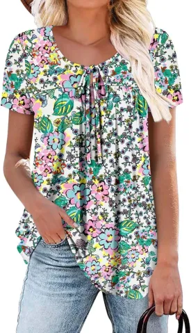 BETTE BOUTIK Womens Summer Tops Pleated Corded Short Sleeve Tunic Shirts Crewneck Blouses Tops S-3XL