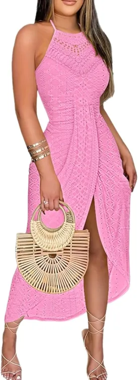 CHICME Womens Summer Halter Dress Hollow Out A Line Vacation Dresses with Eyelet Embroidery & Side Slit