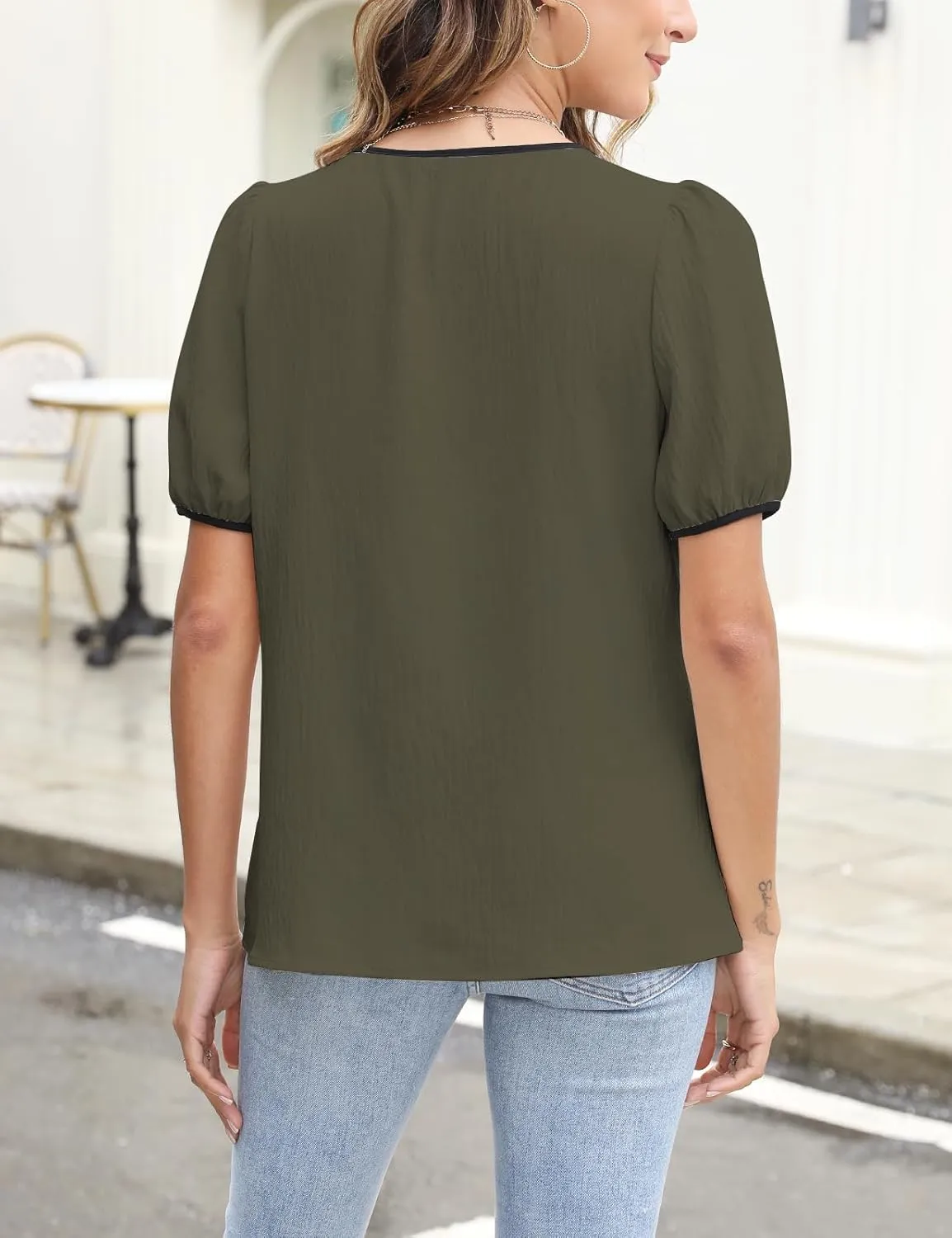 CiCiBird Womens Dressy Casual Shirt Summer Work Blouses Tie Front Puff Short Sleeve Tops
