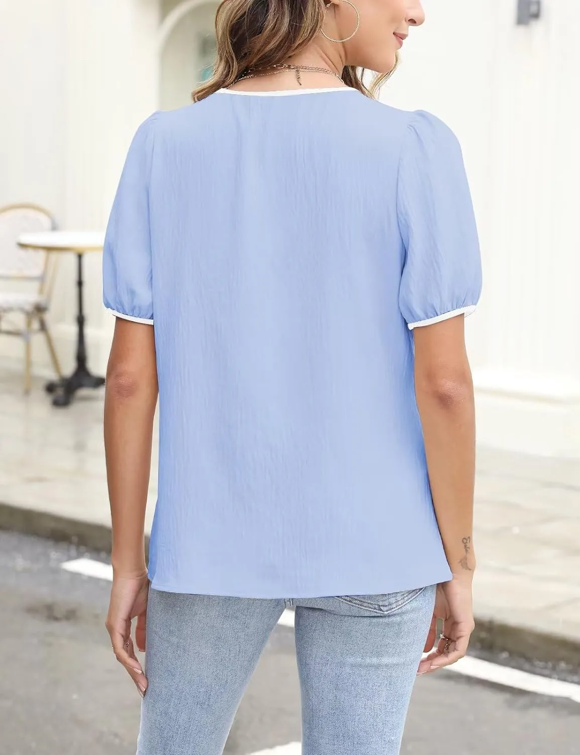 CiCiBird Womens Dressy Casual Shirt Summer Work Blouses Tie Front Puff Short Sleeve Tops