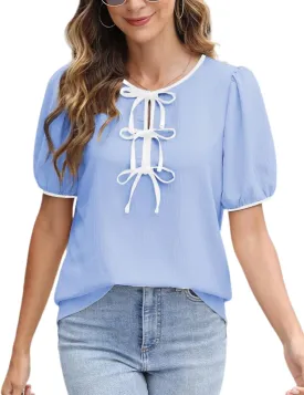 CiCiBird Womens Dressy Casual Shirt Summer Work Blouses Tie Front Puff Short Sleeve Tops