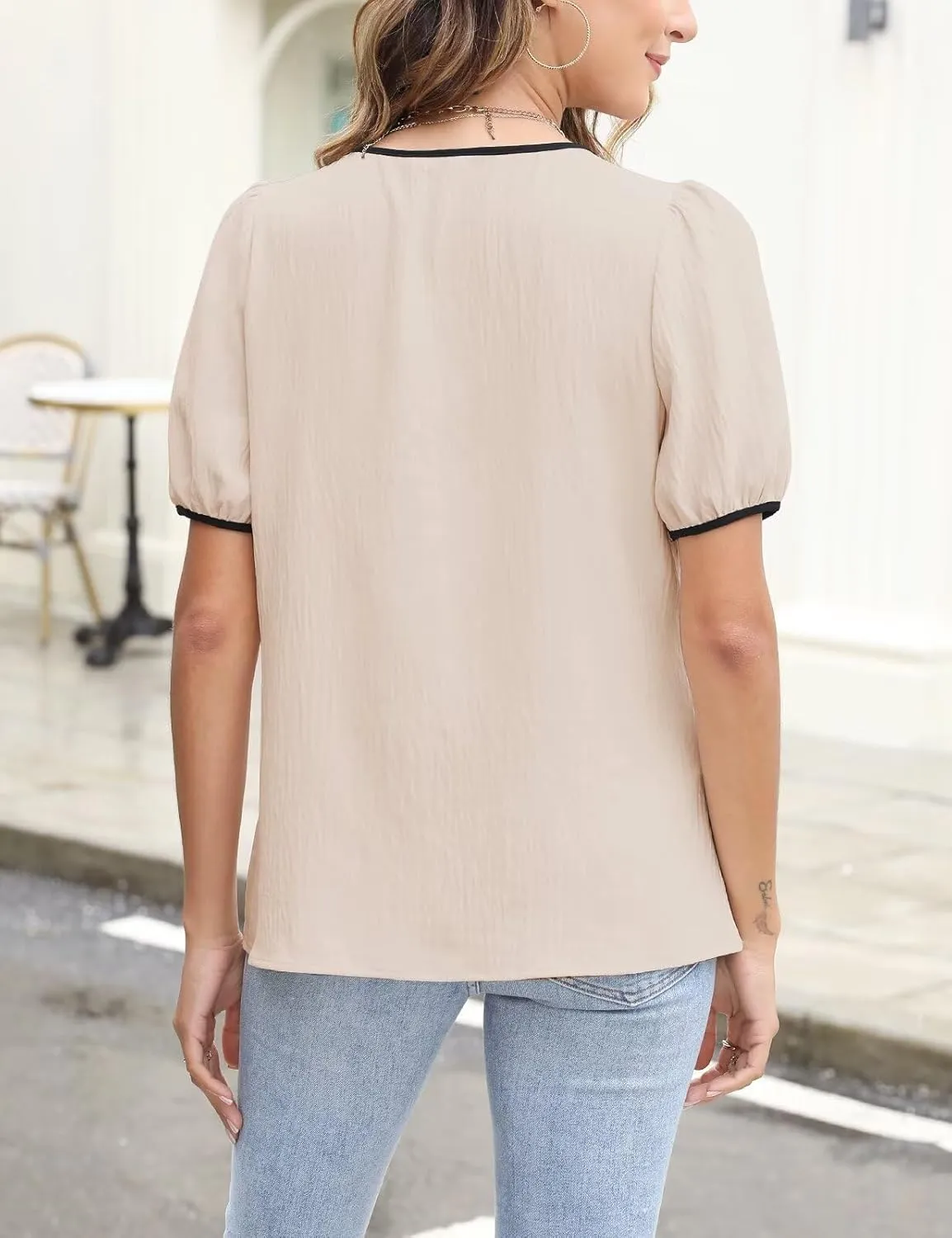 CiCiBird Womens Dressy Casual Shirt Summer Work Blouses Tie Front Puff Short Sleeve Tops