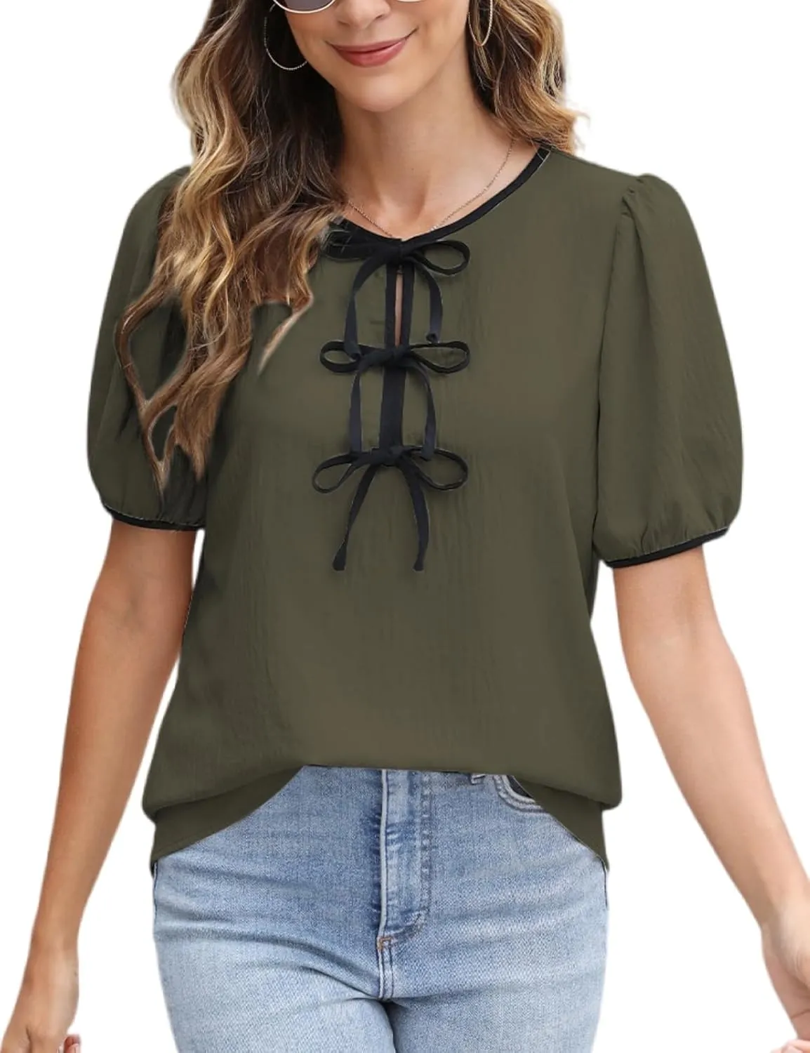 CiCiBird Womens Dressy Casual Shirt Summer Work Blouses Tie Front Puff Short Sleeve Tops
