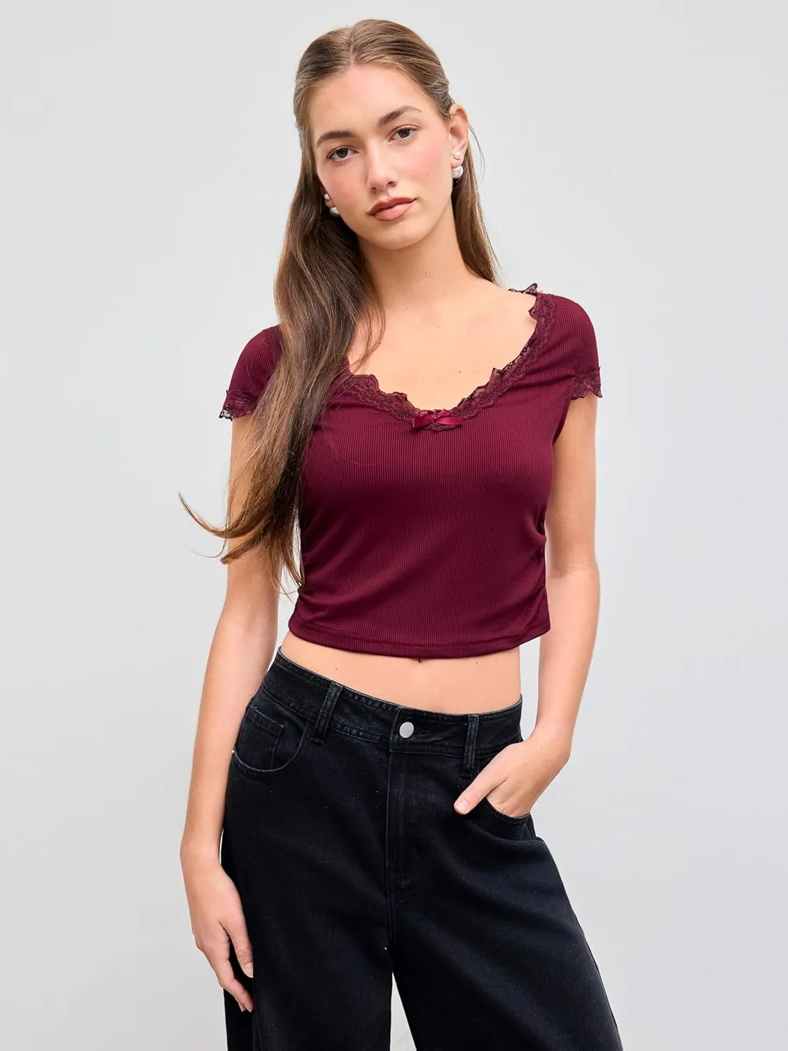 CIDER Crop Tops for Women Summer Lace Trim Bowknot Ruched V Neck Short Sleeve Top Solid Tee T Shirt