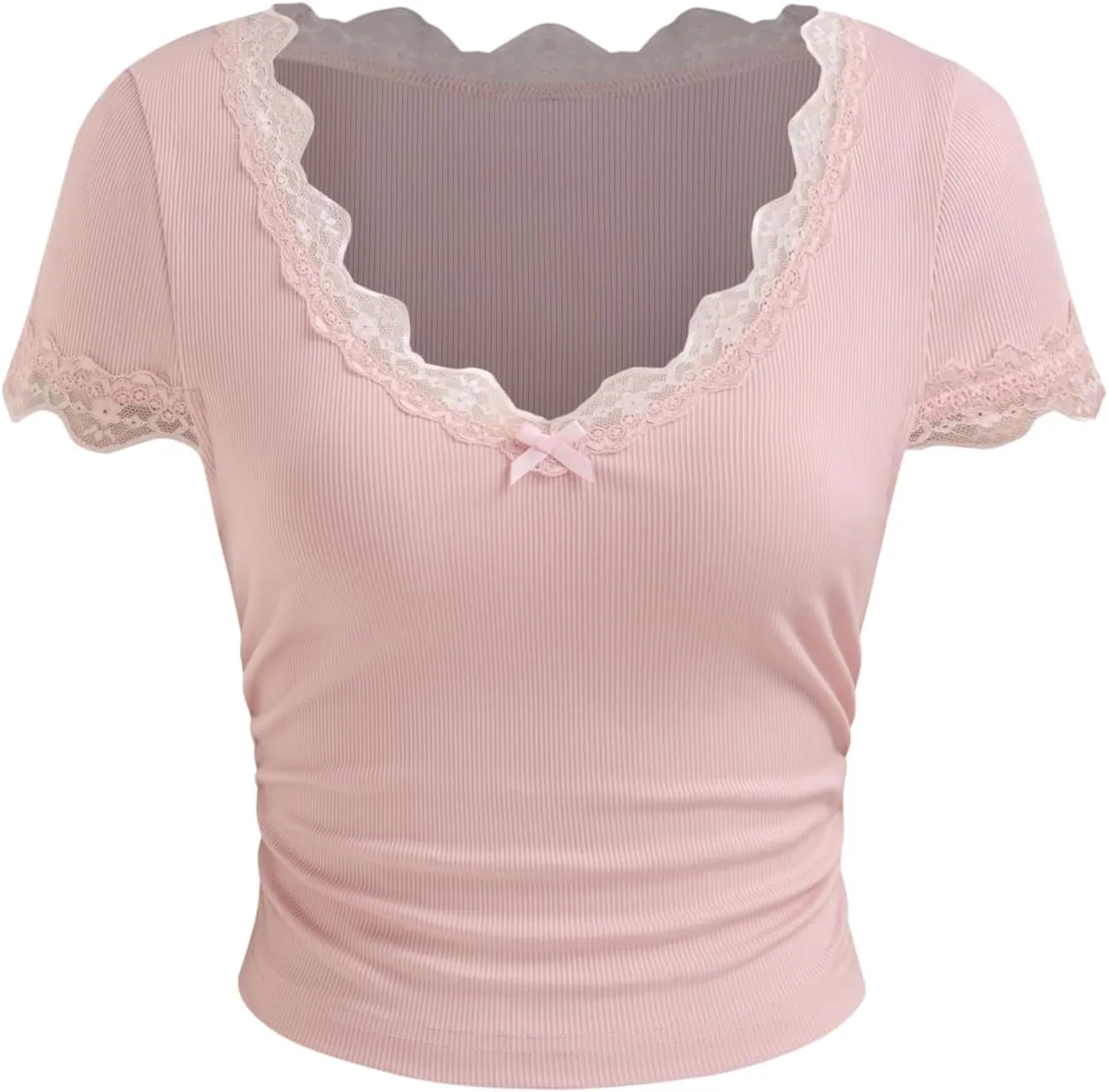 CIDER Crop Tops for Women Summer Lace Trim Bowknot Ruched V Neck Short Sleeve Top Solid Tee T Shirt