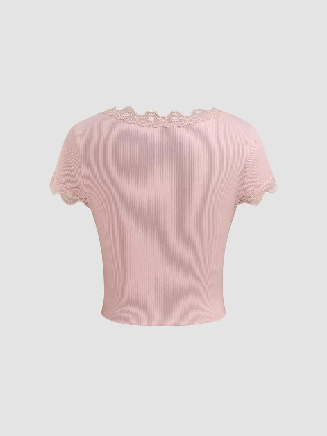 CIDER Crop Tops for Women Summer Lace Trim Bowknot Ruched V Neck Short Sleeve Top Solid Tee T Shirt