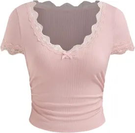 CIDER Crop Tops for Women Summer Lace Trim Bowknot Ruched V Neck Short Sleeve Top Solid Tee T Shirt