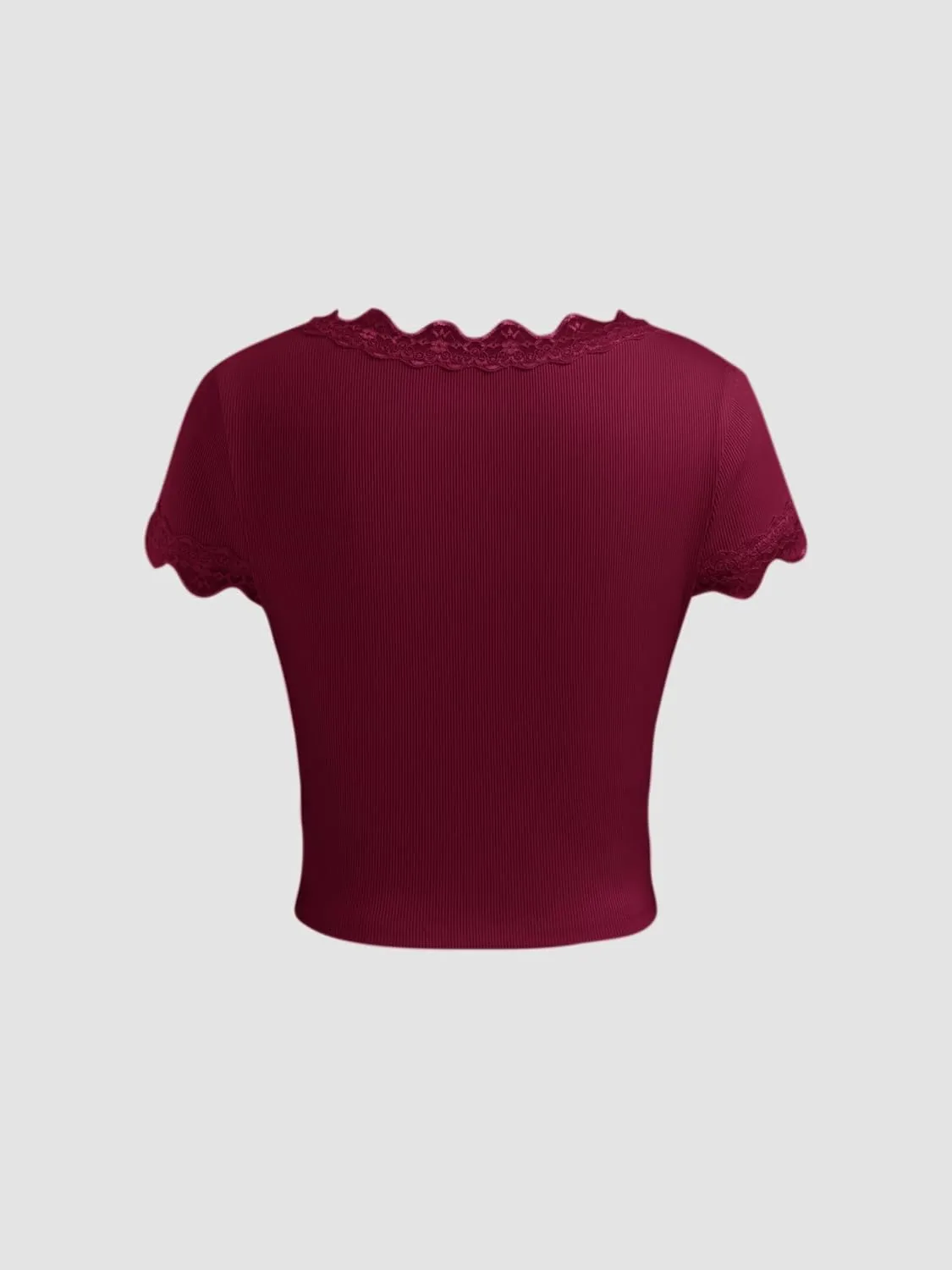CIDER Crop Tops for Women Summer Lace Trim Bowknot Ruched V Neck Short Sleeve Top Solid Tee T Shirt