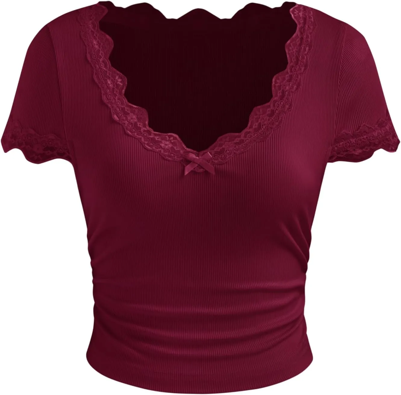 CIDER Crop Tops for Women Summer Lace Trim Bowknot Ruched V Neck Short Sleeve Top Solid Tee T Shirt