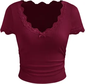CIDER Crop Tops for Women Summer Lace Trim Bowknot Ruched V Neck Short Sleeve Top Solid Tee T Shirt