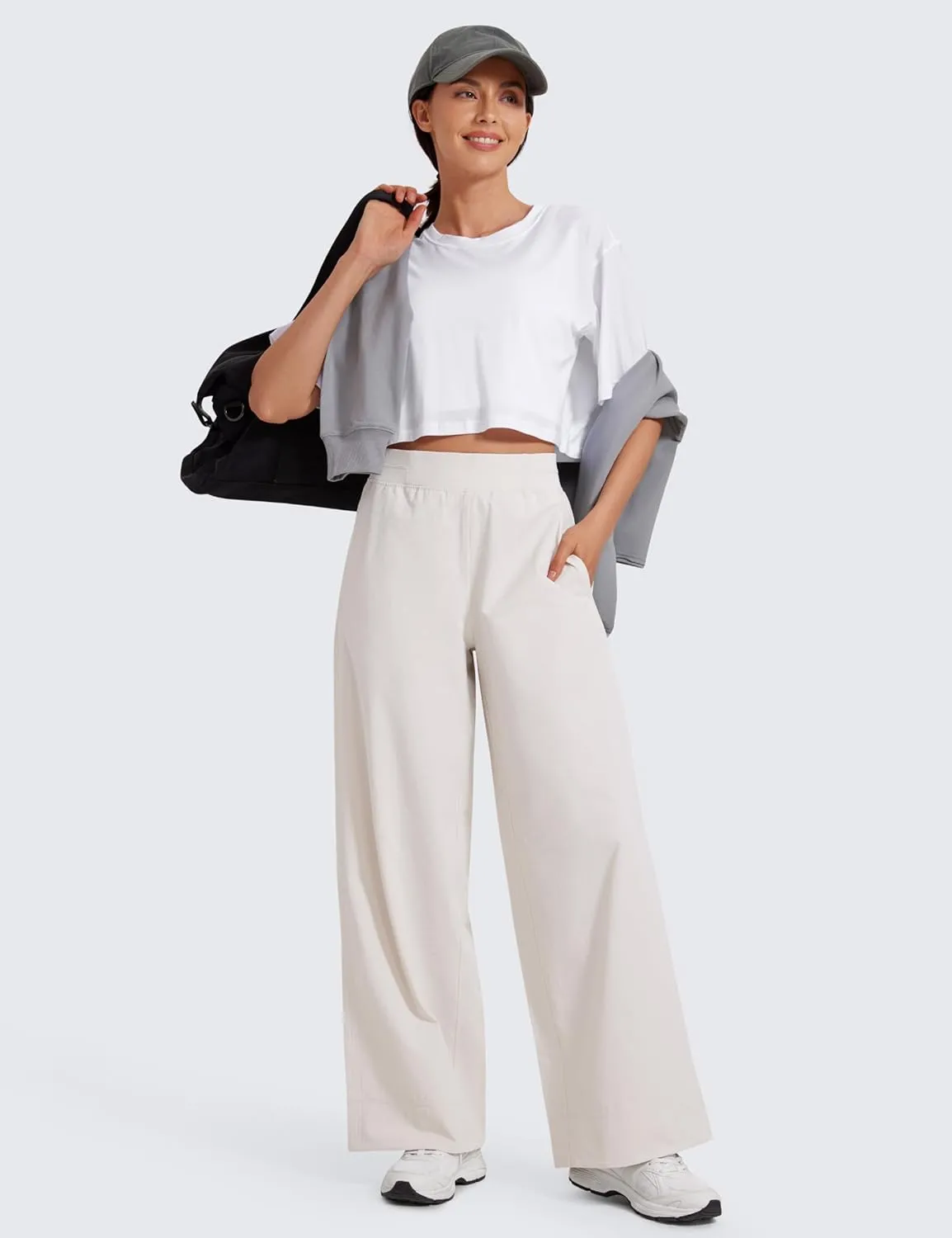 CRZ YOGA Stretch Wide Leg Casual Pants for Women 30" High Waisted Dress Work Water Resistant Travel Trousers