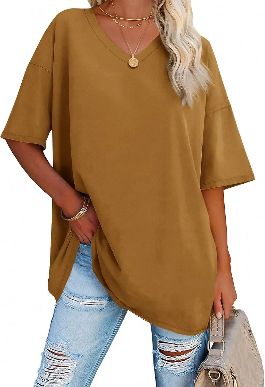 Ebifin Womens Oversized Tshirts V Neck Tee Shirts Half Sleeve Loose Fit T Shirt Cotton Tunic Tops 2024