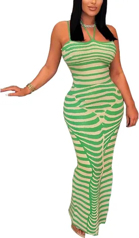 Ecirod Womens Striped Ribbed Knit Bodycon Maxi Dresses Halter Neck Spaghetti Strap Party Long Cami Dress