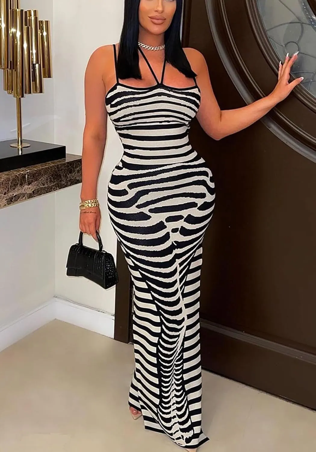 Ecirod Womens Striped Ribbed Knit Bodycon Maxi Dresses Halter Neck Spaghetti Strap Party Long Cami Dress