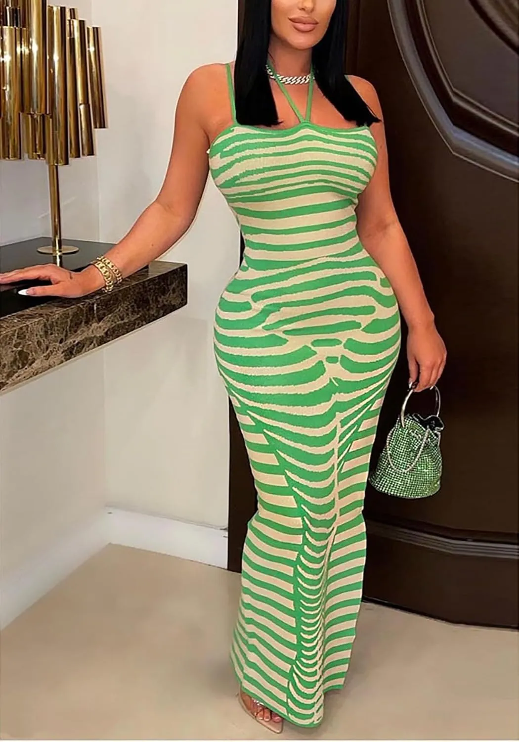 Ecirod Womens Striped Ribbed Knit Bodycon Maxi Dresses Halter Neck Spaghetti Strap Party Long Cami Dress