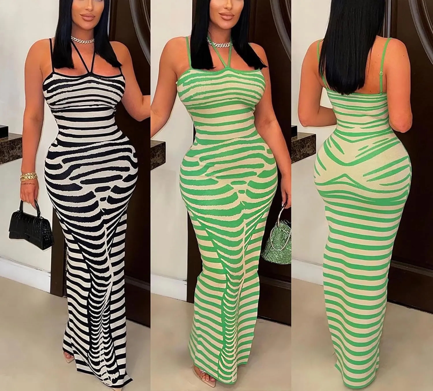 Ecirod Womens Striped Ribbed Knit Bodycon Maxi Dresses Halter Neck Spaghetti Strap Party Long Cami Dress