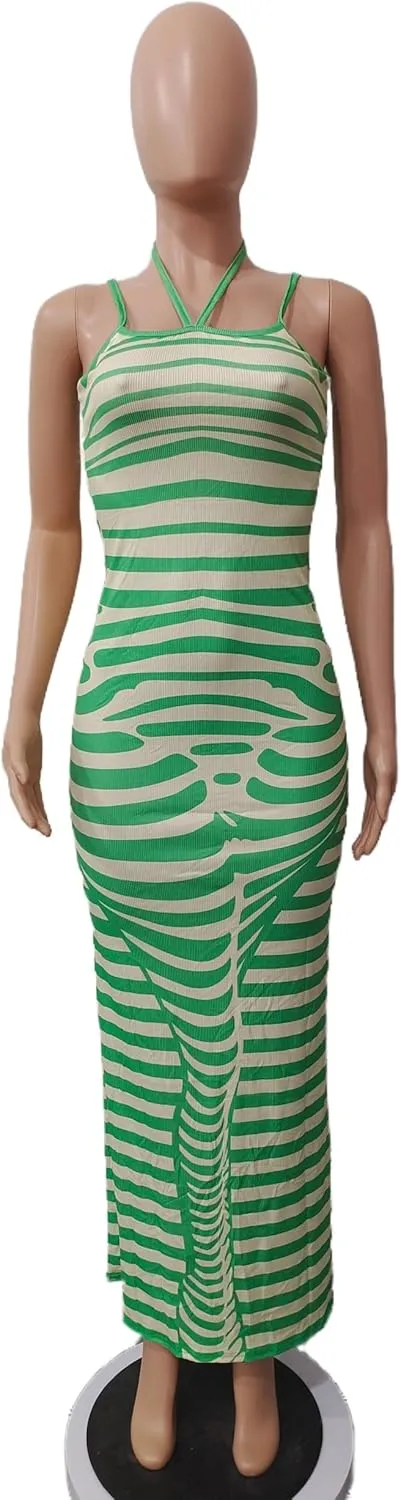 Ecirod Womens Striped Ribbed Knit Bodycon Maxi Dresses Halter Neck Spaghetti Strap Party Long Cami Dress