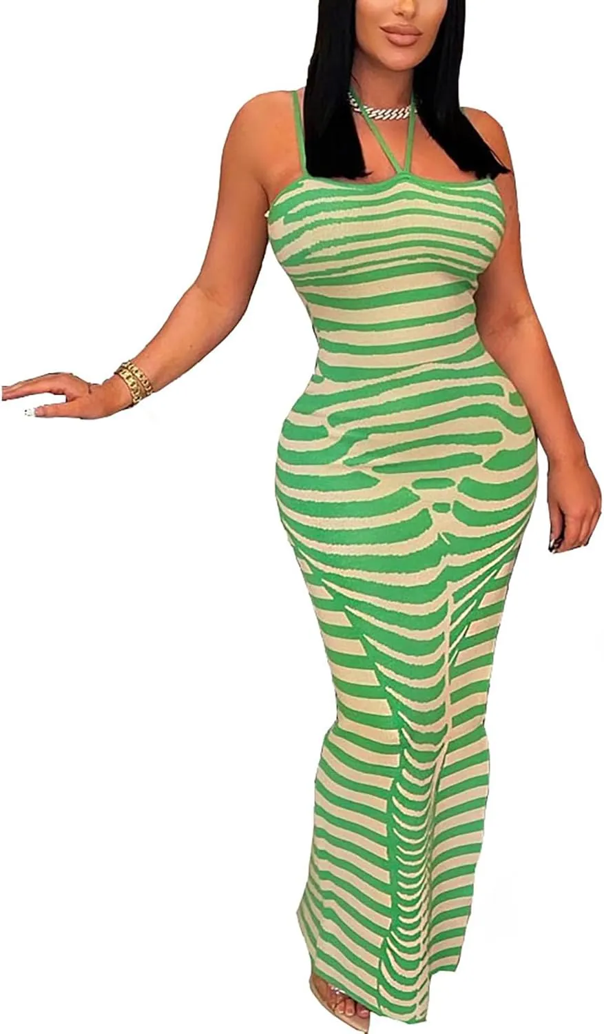Ecirod Womens Striped Ribbed Knit Bodycon Maxi Dresses Halter Neck Spaghetti Strap Party Long Cami Dress