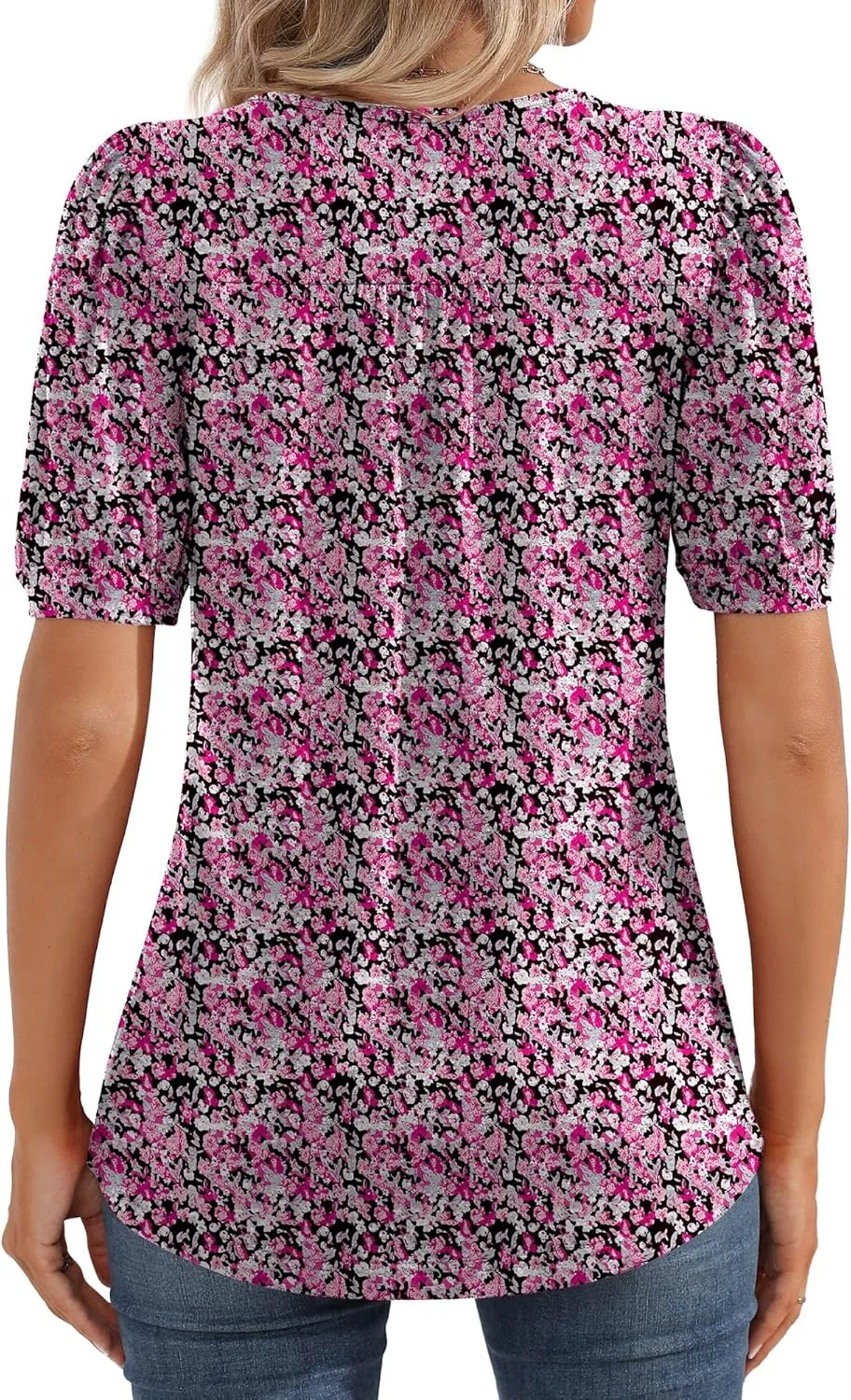 Ficerd Women's Puff Short Sleeve Tunic Tops Pleated Crew Neck Summer Blouses Dressy Casual Loose T Shirts