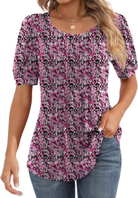 Ficerd Women's Puff Short Sleeve Tunic Tops Pleated Crew Neck Summer Blouses Dressy Casual Loose T Shirts