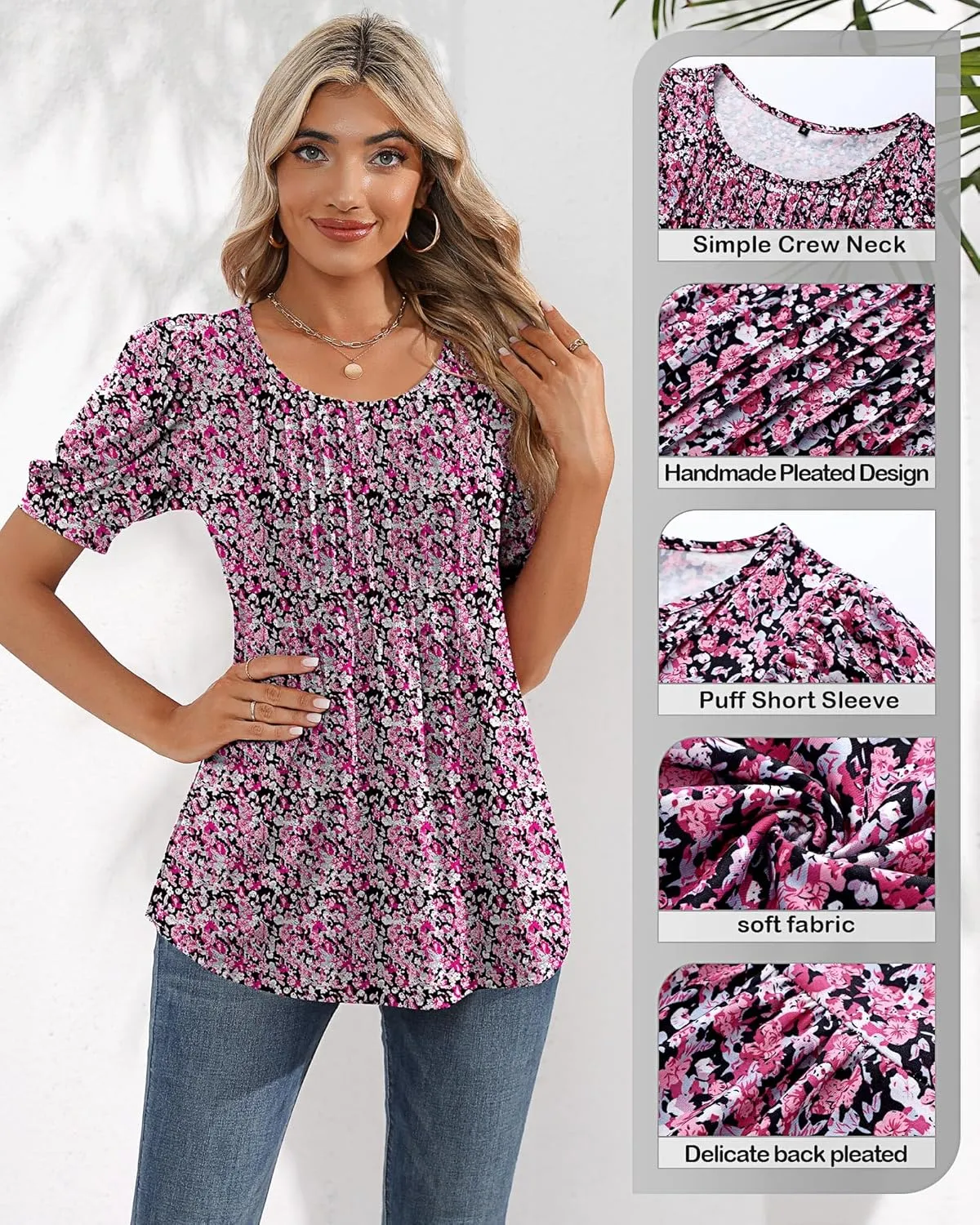 Ficerd Women's Puff Short Sleeve Tunic Tops Pleated Crew Neck Summer Blouses Dressy Casual Loose T Shirts