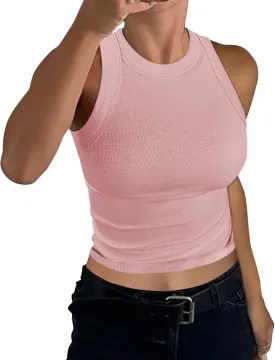 GEMBERA Womens Sleeveless High Neck Racerback Ribbed Knit Fitted Basic Cotton Cropped Tank Top