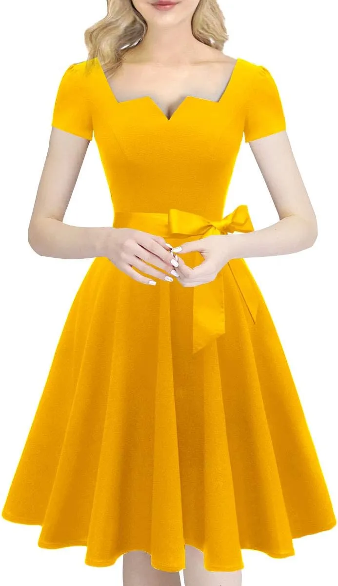 Girstunm Women's Classic Tea Dress Short Sleeve Swing Cocktail Party Dresses with Pockets